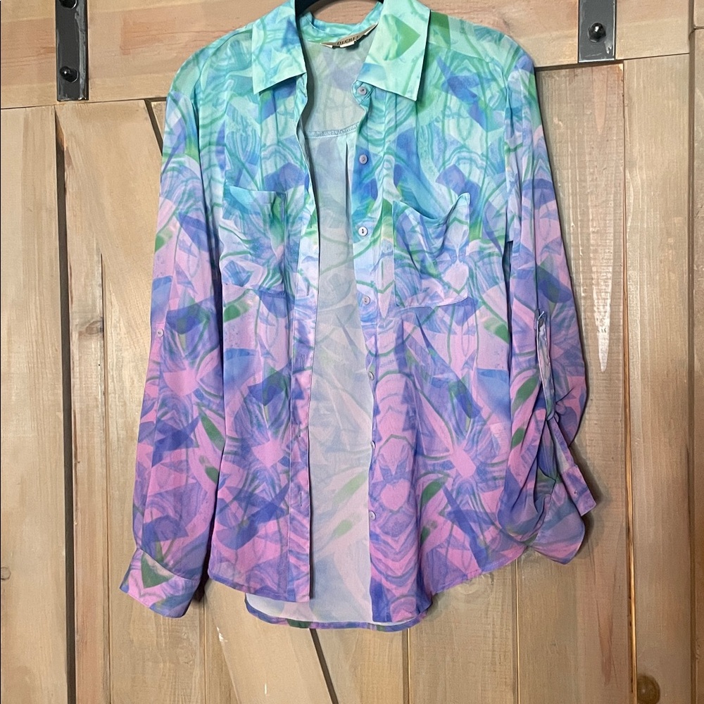 Decree Sheer Button Down Shirt M Pastel Watercolor Floral Top Y2K Festival